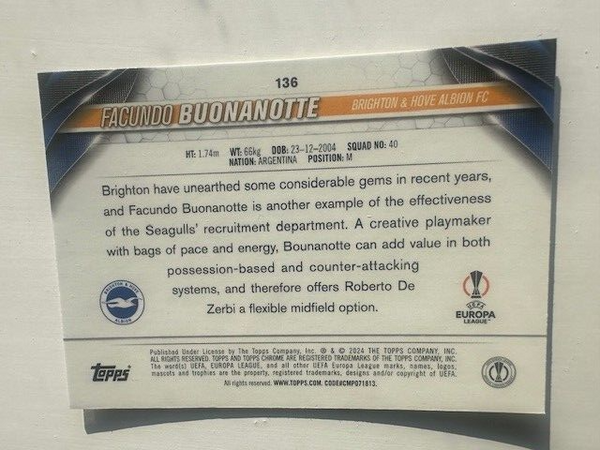 Topps Chrome Hobby UEFA Club Competitions 23/24 Facundo Buonanotte Brighton #136