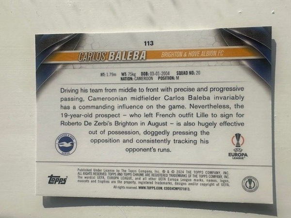 Topps Chrome Hobby UEFA Club Competitions 23/24 Carlos Baleba Brighton #113