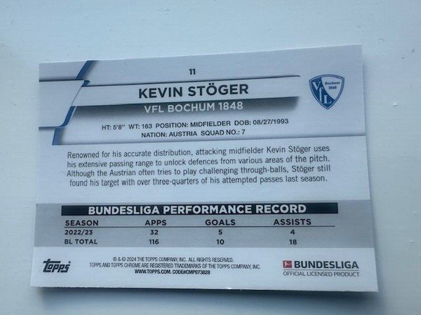 Topps Chrome Bundesliga 2023/24 Kevin Stoger VFL Bochum Card No 11