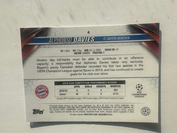 Topps Chrome Hobby UEFA Club Competitions 23/24 Alphonso Davies Munich Card #4