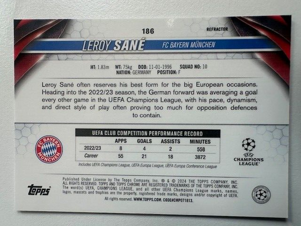 Topps Chrome Hobby UEFA Club Competitions 23/24 Leroy Sane Munich Card #186