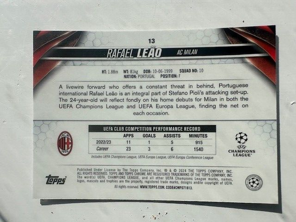 Topps Chrome Hobby UEFA Club Competitions 23/24 Rafael Leao AC Milan Card #13