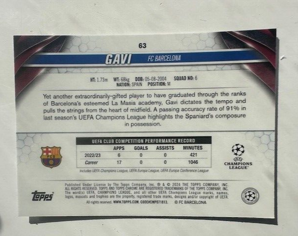 Topps Chrome Hobby UEFA Club Competitions 23/24 Gavi Barcelona Card #63