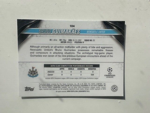 Topps Chrome Hobby UEFA Club Competitions 23/24 Bruno Guimaraes Newcastle Card