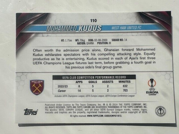Topps Chrome Hobby UEFA Club Competitions 23/24 Mohammed Kudus West Ham Card