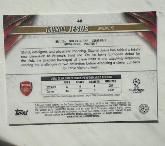 Topps Chrome Hobby UEFA Club Competitions 23/24 Gabriel Jesus Arsenal Card #40