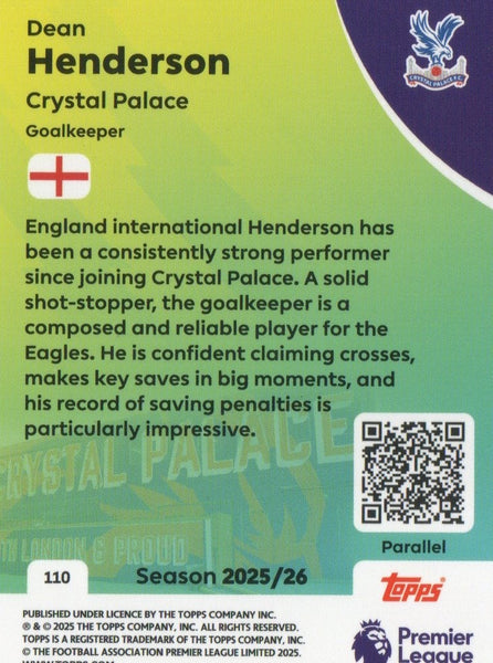 Topps Premier League 25/26 Dean Henderson Yellow Sparkle Parallel Card/299