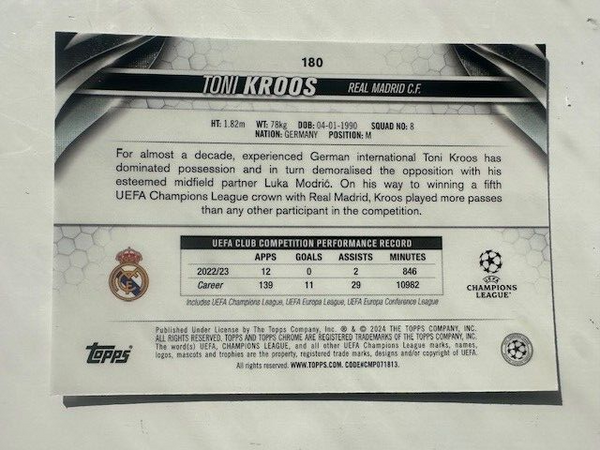 Topps Chrome Hobby UEFA Club Competitions 23/24 Toni Kroos Real Madrid Card #180