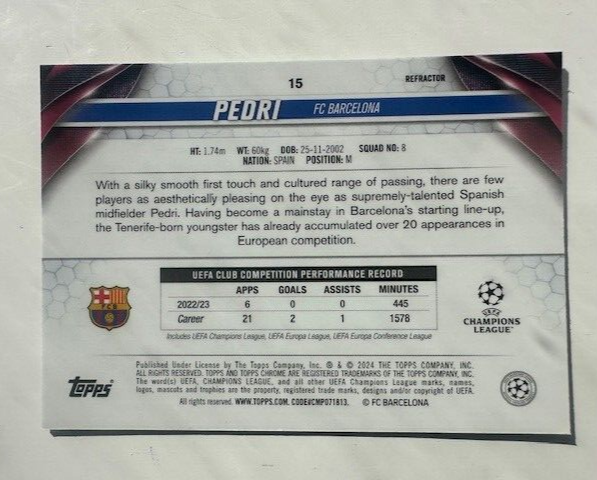 Topps Chrome Hobby UEFA Club Competitions 23/24 Pedri Barcelona Card #15