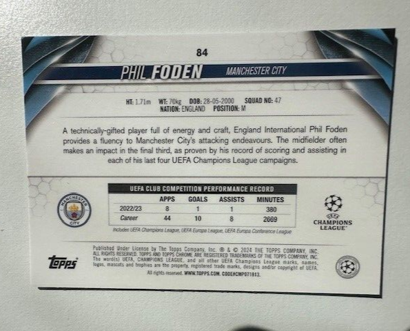 Topps Chrome Hobby UEFA Club Competitions 23/24 Phil Foden Man City Card #84