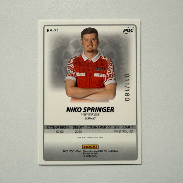 Panini 2026 PDC World Championship Darts Niko Springer Base Parallel Card /180