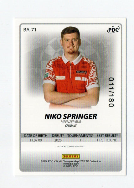 Panini 2026 PDC World Championship Darts Niko Springer Base Parallel Card /180