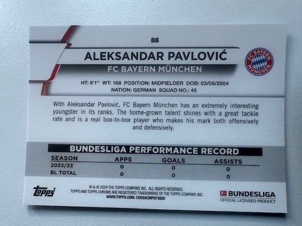 Topps Chrome Bundesliga 2023/24 Aleksandar Pavlovic Bayern Munich Card No 88