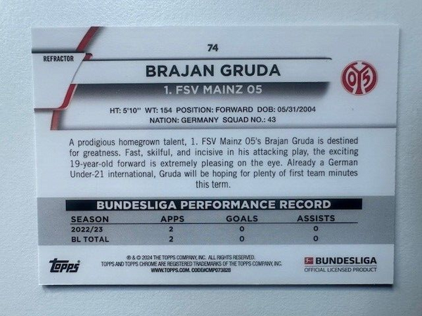Topps Chrome Bundesliga 2023/24 Brajan Gruda FSV Mainz 05 Card No 74