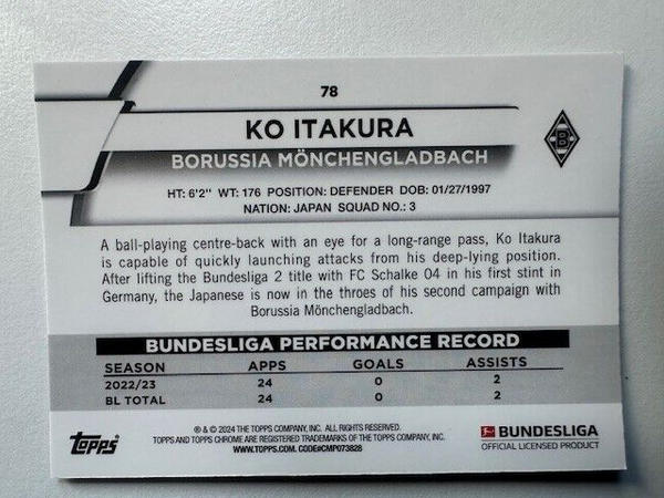 Topps Chrome Bundesliga 2023/24 Ko Itakura Borussia Monchengladbach Card #78