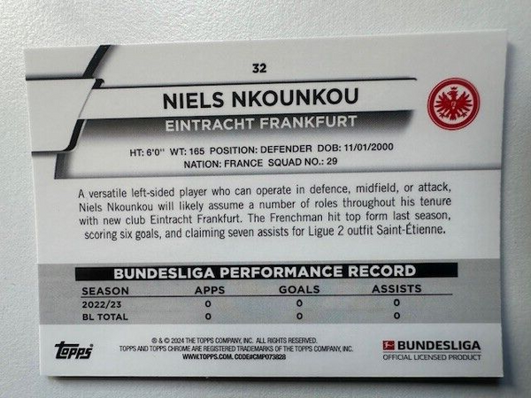 Topps Chrome Bundesliga 2023/24 Niels Nkounkou Eintracht Frankfurt Card #32