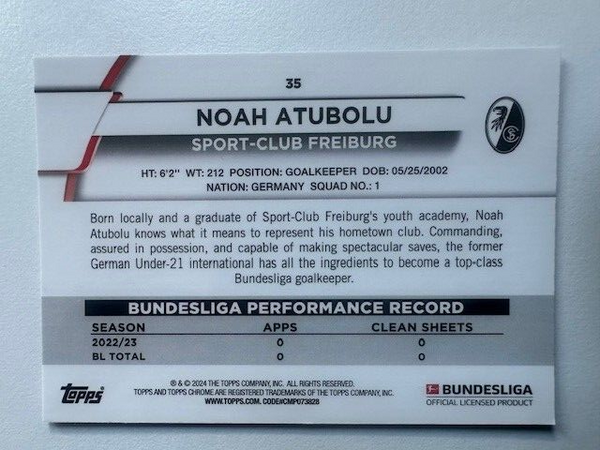 Topps Chrome Bundesliga 2023/24 Noah Atubolu Sport-Club Freiburg Card No 35