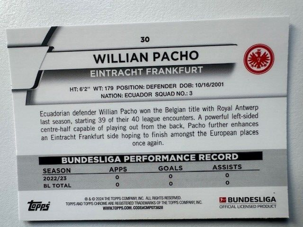 Topps Chrome Bundesliga 2023/24 Willian Pacho Eintracht Frankfurt Card No 30