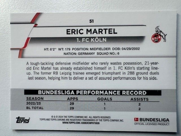 Topps Chrome Bundesliga 2023/24 Eric Martel FC Koln Card #51