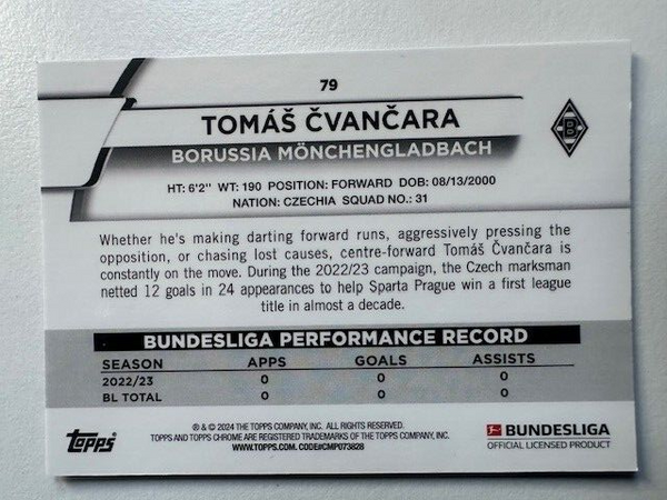 Topps Chrome Bundesliga 2023/24 Tomas Cvancara Borussia Monchengladbach Card #30