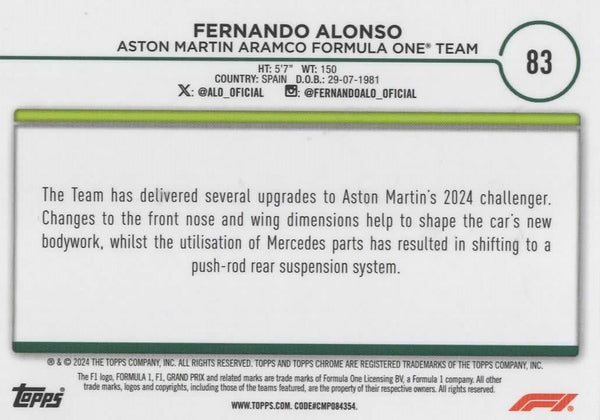 Topps Chrome Formula 1 2024 Fernando Alonso Aston Martin Card #83