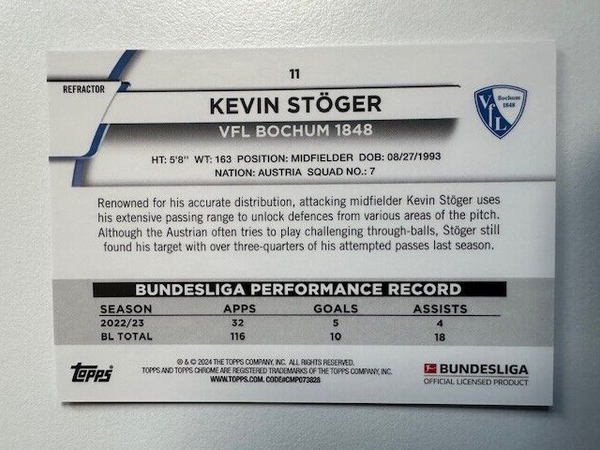 Topps Chrome Bundesliga 2023/24 Kevin Stoger Bochum Green Refractor /275 Card