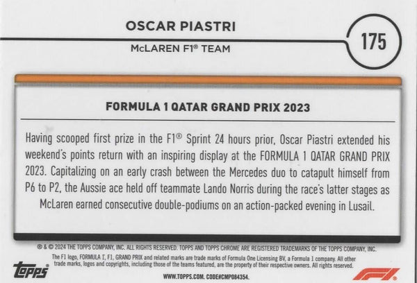 Topps Chrome Formula 1 2024 Oscar Piastri Grand Prix Driver Of The Day Qatar