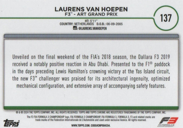 Topps Chrome Formula 1 2024 Laurens Van Hoepen F3 Art Grand Prix 12/25 Card