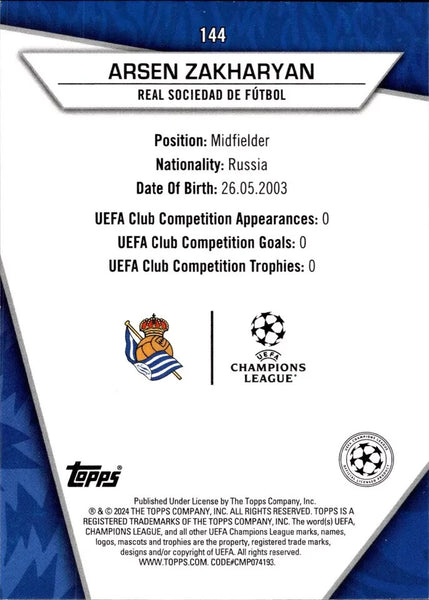 Topps Superstars 2024 23/24 Arsen Zakharyan Real Sociedad Uncommon Card #144