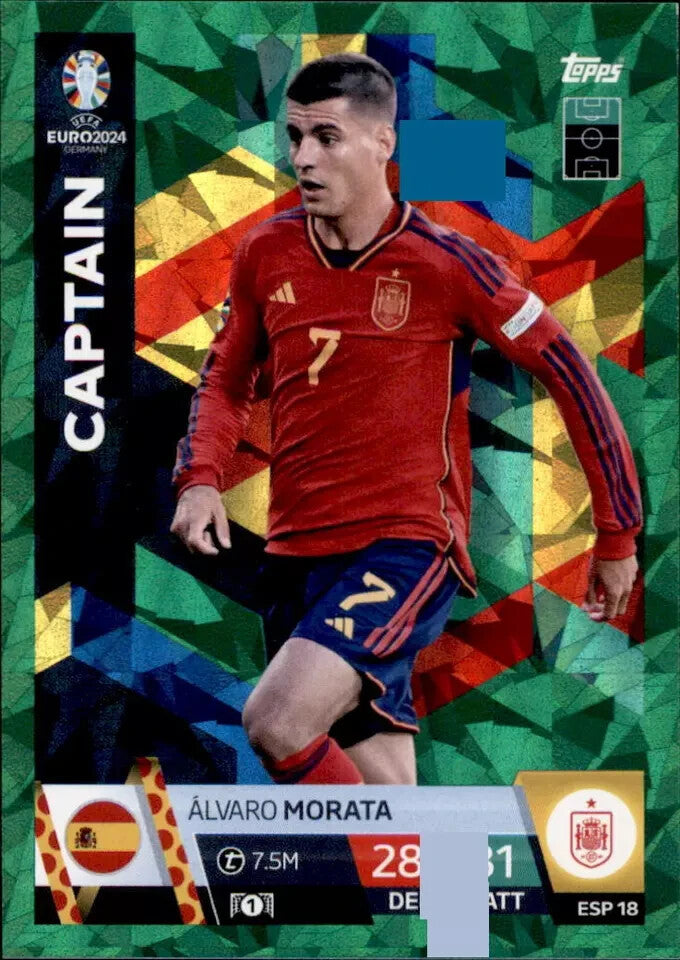 Match Attax Euro 2024 Alvaro Morata Crystal Parallel Green Captain UEFA Card