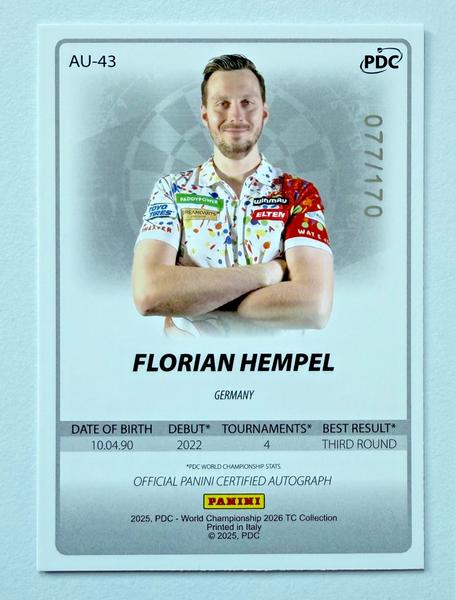 Panini PDC World Darts 2026 Florian Hempel Auto /170 SSP Autograph Card