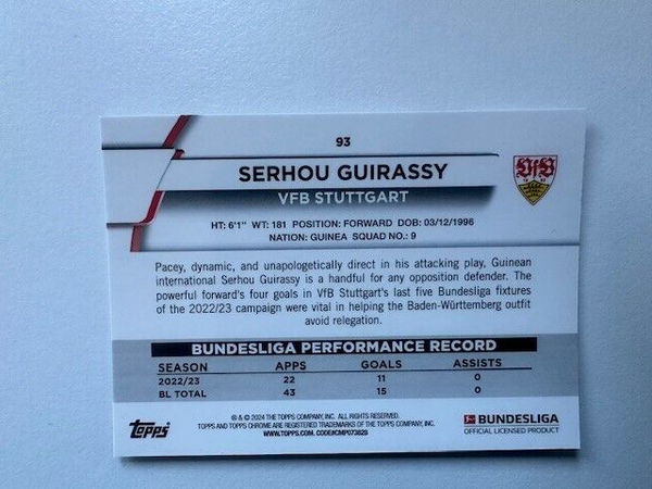 Topps Chrome Bundesliga 2023/24 Serhou Guirassy VFB Stuttgart Card No 93