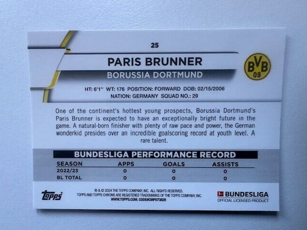 Topps Chrome Bundesliga 2023/24 Paris Brunner Borussia Dortmund Card No 25
