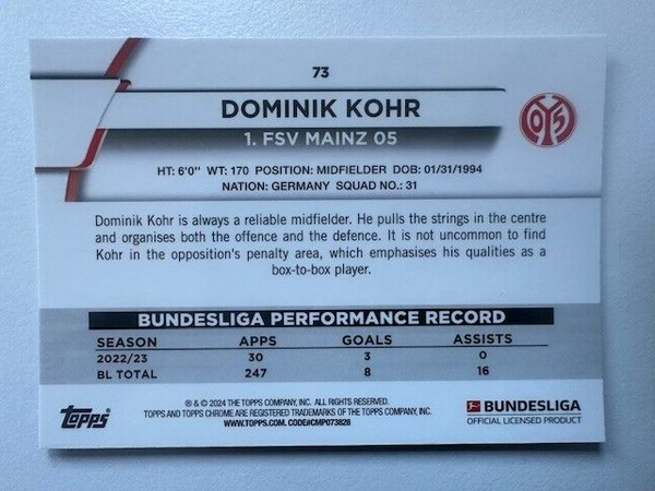Topps Chrome Bundesliga 2023/24 Dominik Kohr FSV Mainz 05 Card No 73