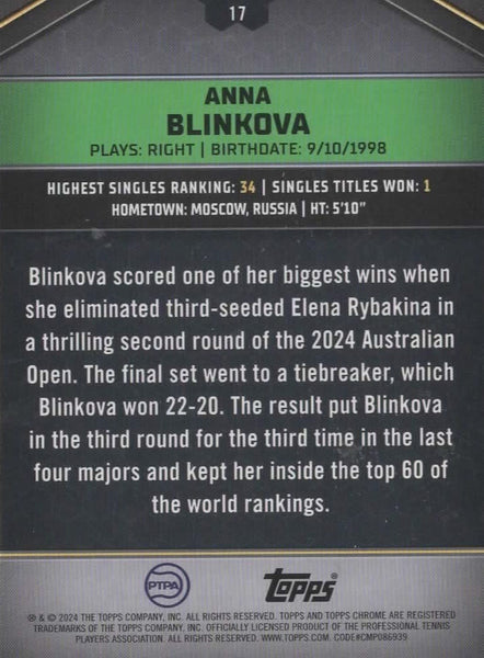 Topps 2024 Graphite Tennis Anna Blinkova Green Refractor Chrome Card /199