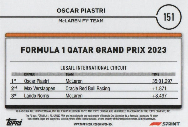 Topps Chrome Formula 1 2024 Oscar Piastri Sprint Winner Qatar Grand Prix 2023
