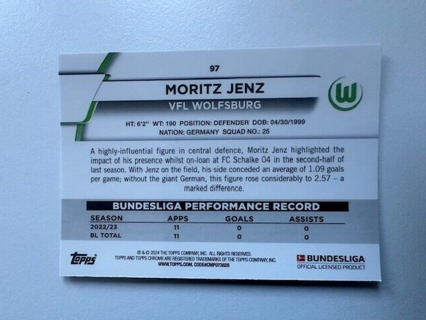 Topps Chrome Bundesliga 2023/24 Moritz Jenz VFL Wolfsburg Card No 97