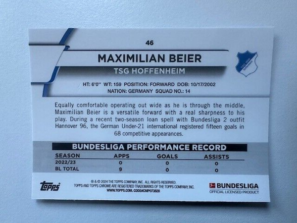 Topps Chrome Bundesliga 2023/24 Maximilian Beier TSG Hoffenheim Card No 46