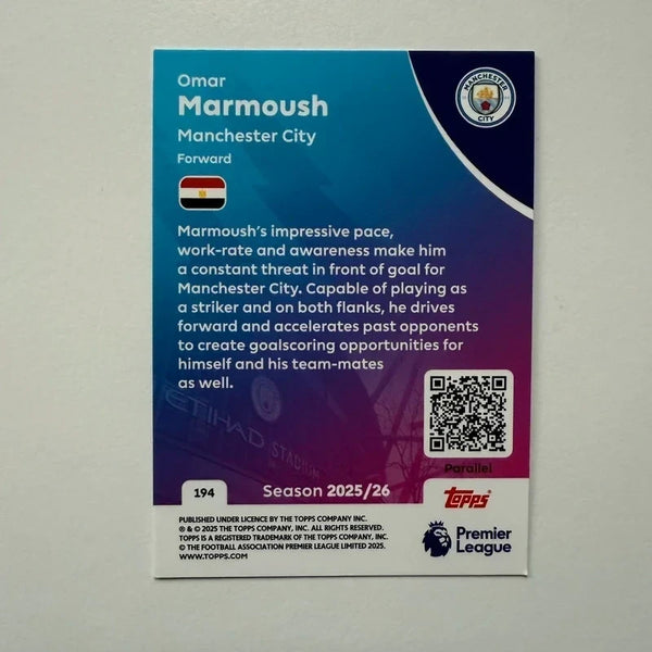Topps Premier League 25/26 Omar Marmoush Manchester City Blue Parallel Card /150