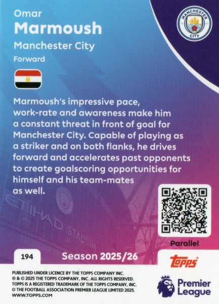 Topps Premier League 25/26 Omar Marmoush Manchester City Blue Parallel Card /150