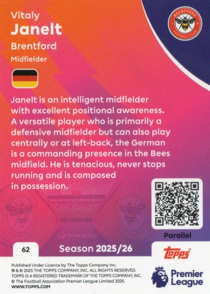 Topps Premier League 25/26 Vitaly Janelt Brentford Purple Parallel Card /199