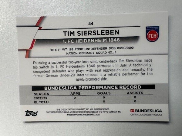 Topps Chrome Bundesliga 2023/24 Tim Siersleben FC Heidenheim Card No 44