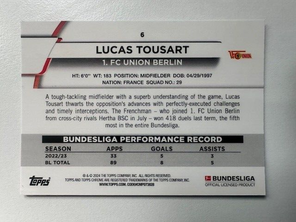 Topps Chrome Bundesliga 2023/24 Lucas Tousart FC Union Berlin Card No 6