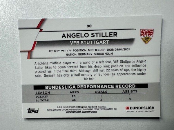 Topps Chrome Bundesliga 2023/24 Angelo Stiller VFB Stuttgart Card No 90