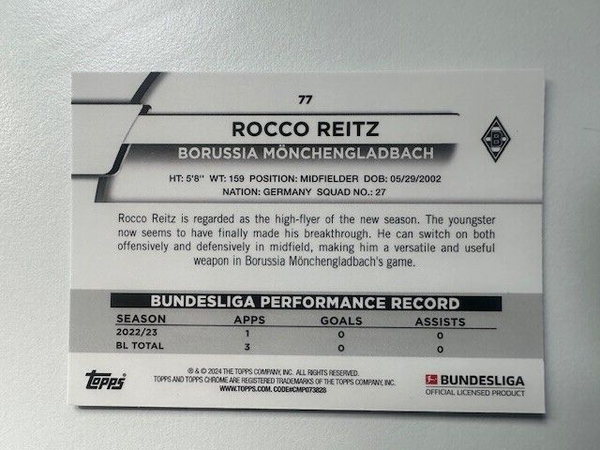 Topps Chrome Bundesliga 2023/24 Roco Reitz Borussia Monchengladbach Card No 77