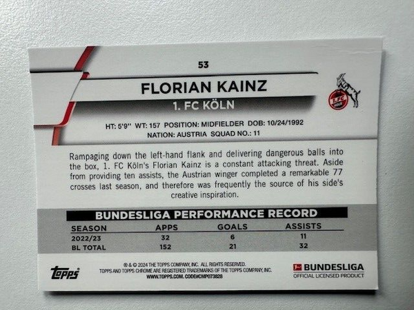 Topps Chrome Bundesliga 2023/24 Florian Kainz FC Koln Card No 53