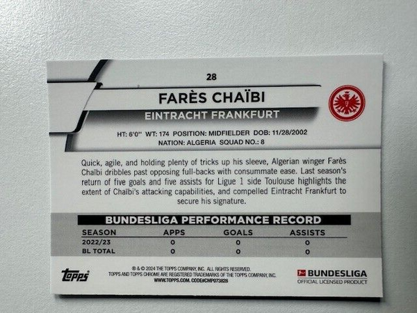 Topps Chrome Bundesliga 2023/24 Fares Chaibi Eintracht Frankfurt Card No 28