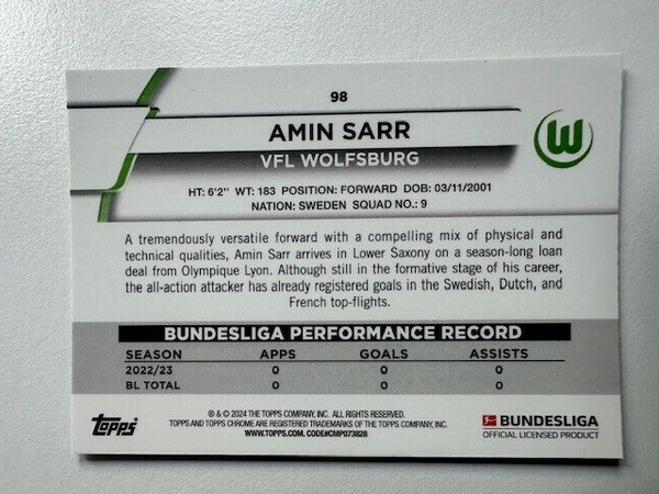 Topps Chrome Bundesliga 2023/24 Amin Sarr VFL Wolfsburg Card No 98