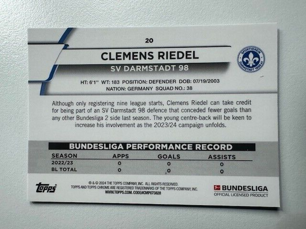 Topps Chrome Bundesliga 2023/24 Clemens Riedel SV Darmstadt 98 Card No 20