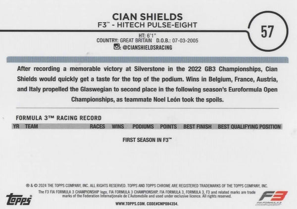 Topps Chrome Formula 1 2024 Cian Shields F3 Hitech Pulse-Eight Future Stars Card